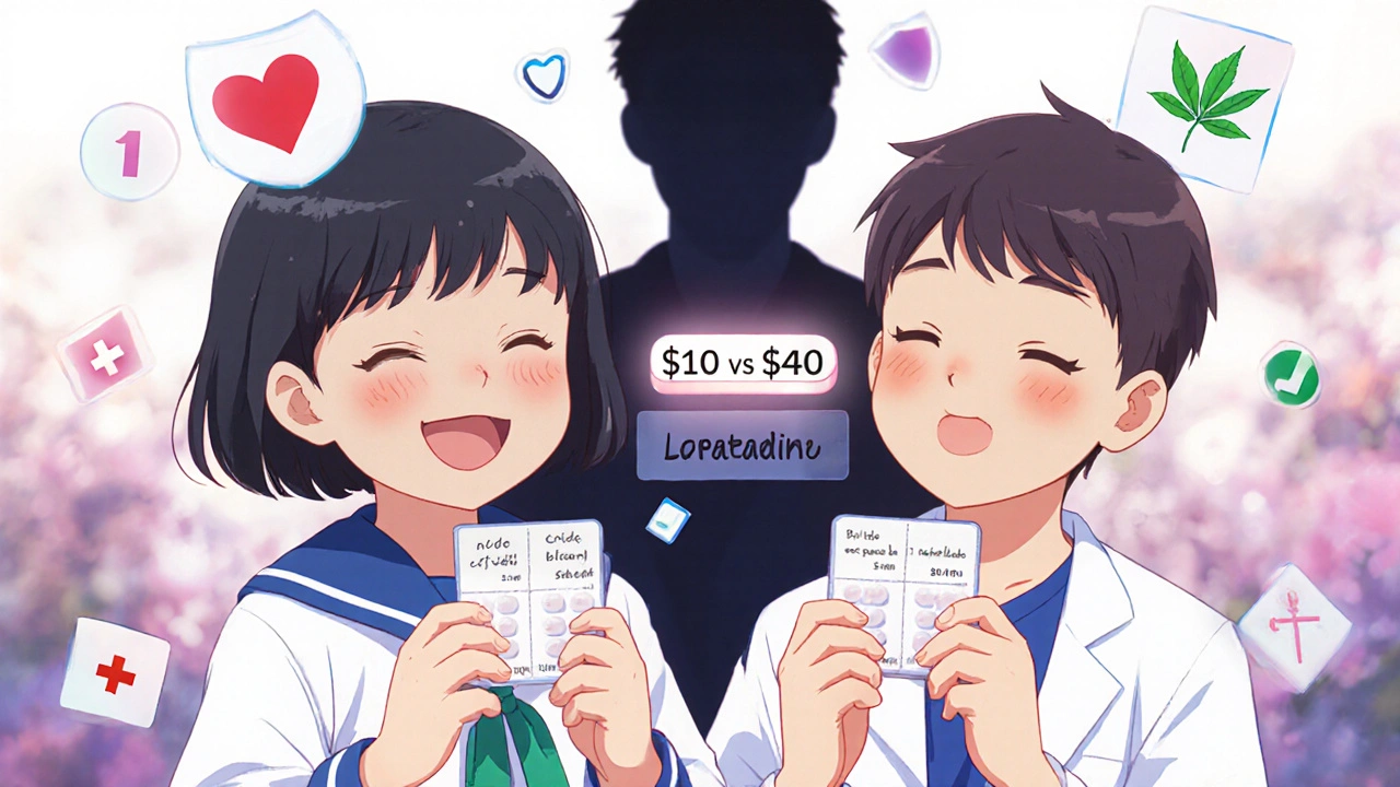 A child and teen holding desloratadine tablets with medical symbols floating around them.