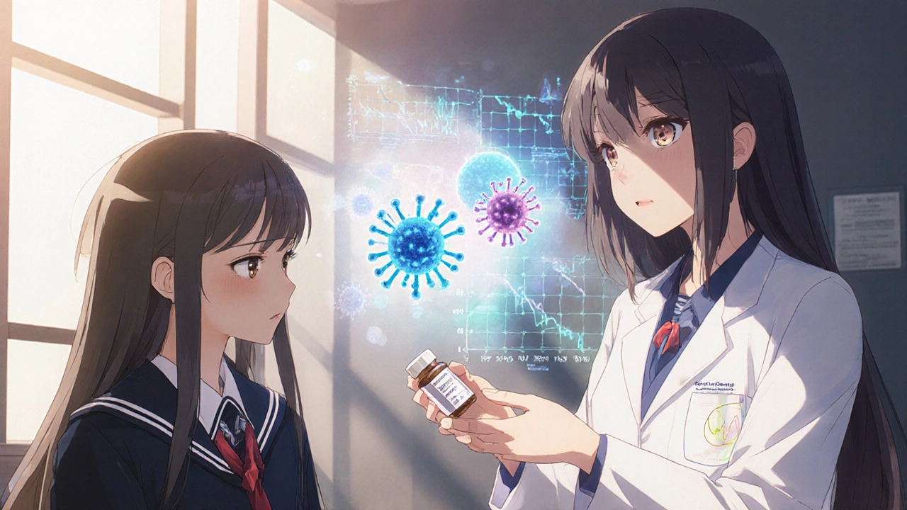A doctor giving a pill bottle to a teenage patient in a clinic, with glowing viral molecules fading in the background.