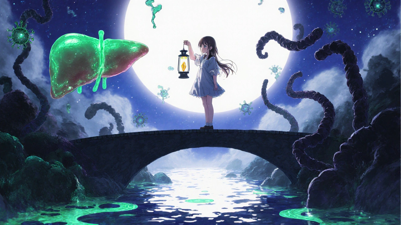 A girl on a bridge holding a lantern shaped like a drug molecule, healing liver cells and retreating viruses around her.