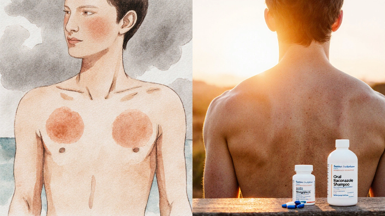 Before‑and‑after split view showing cleared skin after antifungal treatment.
