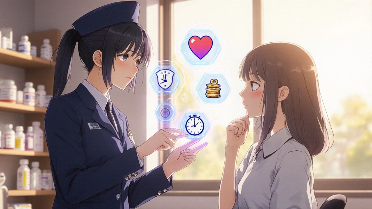 Bishoujo doctor and patient discussing treatment options, surrounded by floating icons for safety and cost.