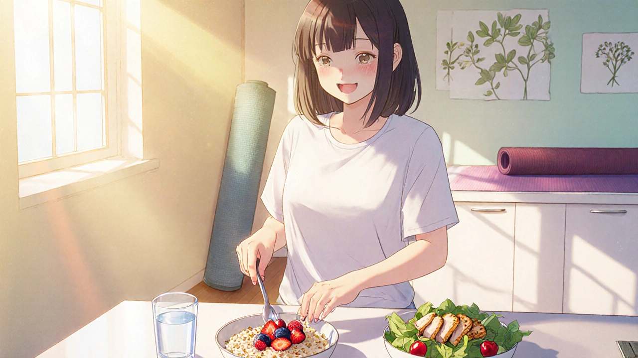 Bishoujo girl in a sunny kitchen prepares oatmeal, chicken salad, cherries, and drinks water, with a yoga mat nearby.