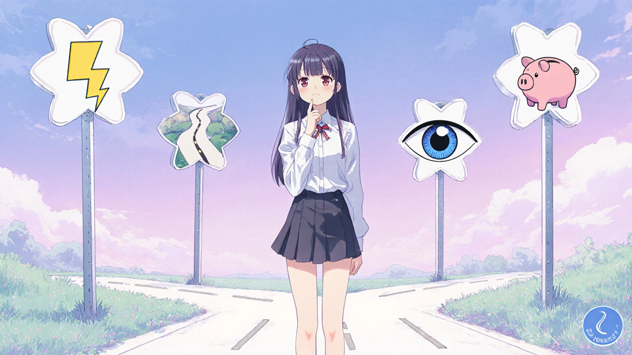 Bishoujo woman at a crossroads with symbolic signposts for fast onset, long duration, budget, and safety.