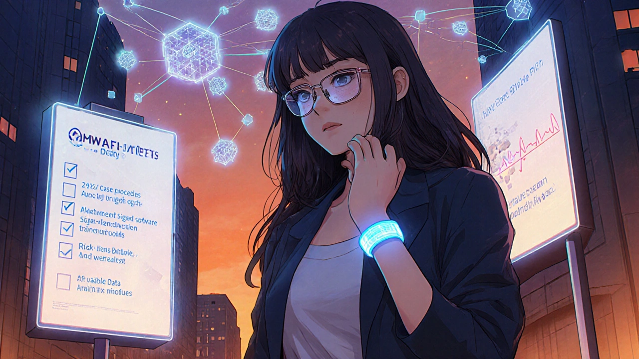 Bishoujo woman with wearables walks through a city with holographic safety checklist and blockchain icons.