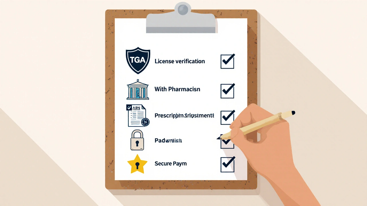 Checklist illustration showing safety steps for buying online medication.