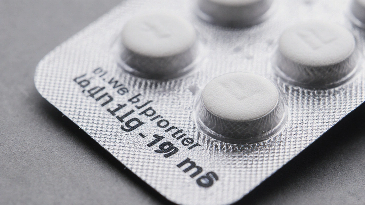 Close‑up of generic bupropion blister pack with tablets, batch number and expiry date.