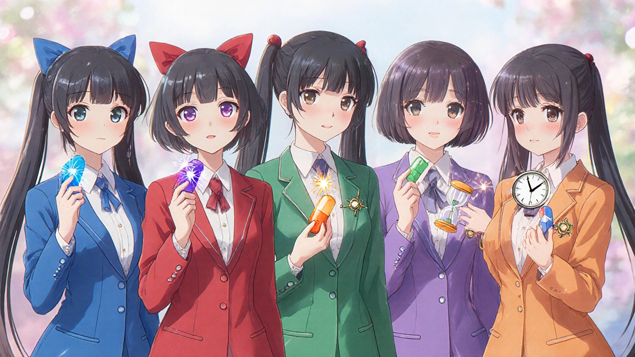 Five bishoujo characters in distinct colors representing different ED medications standing side by side.