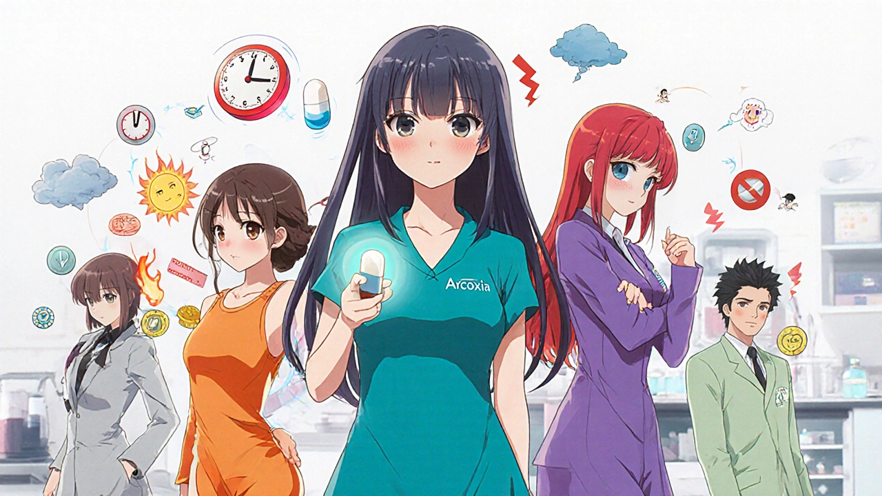 Group of bishoujo characters each embodying a different NSAID with visual cues for dosing, cost, and risks.