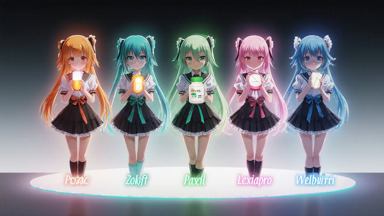 Group of five bishoujo characters each holding a different antidepressant pill case.