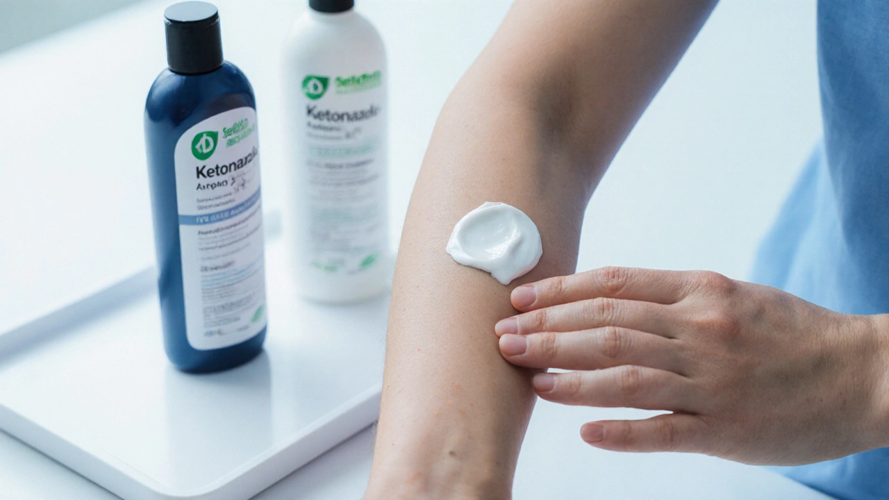 Hand applying ketoconazole cream to forearm with shampoo bottles nearby.