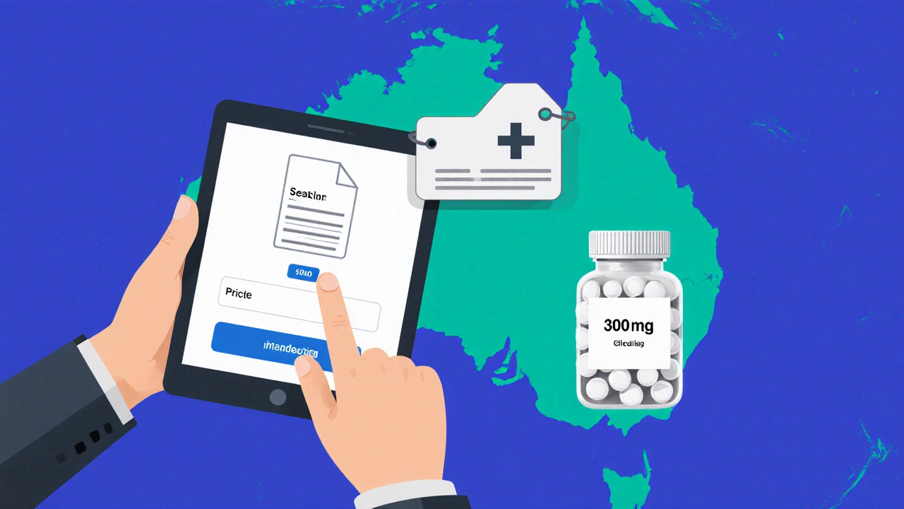 Hand uploading a prescription on a tablet, with price tag and gabapentin bottle nearby.