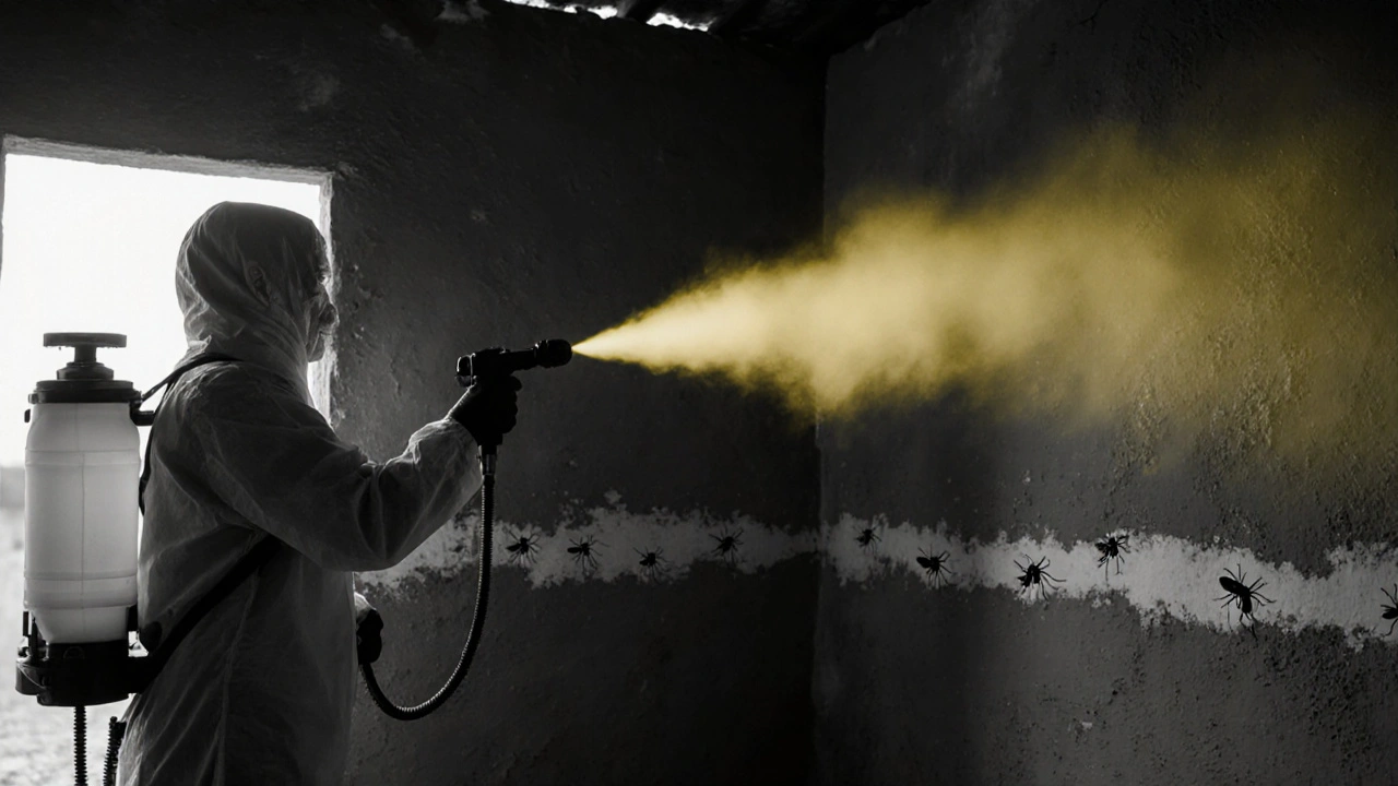 Health worker spraying a wall, yellow mist contrasting with dark interior.