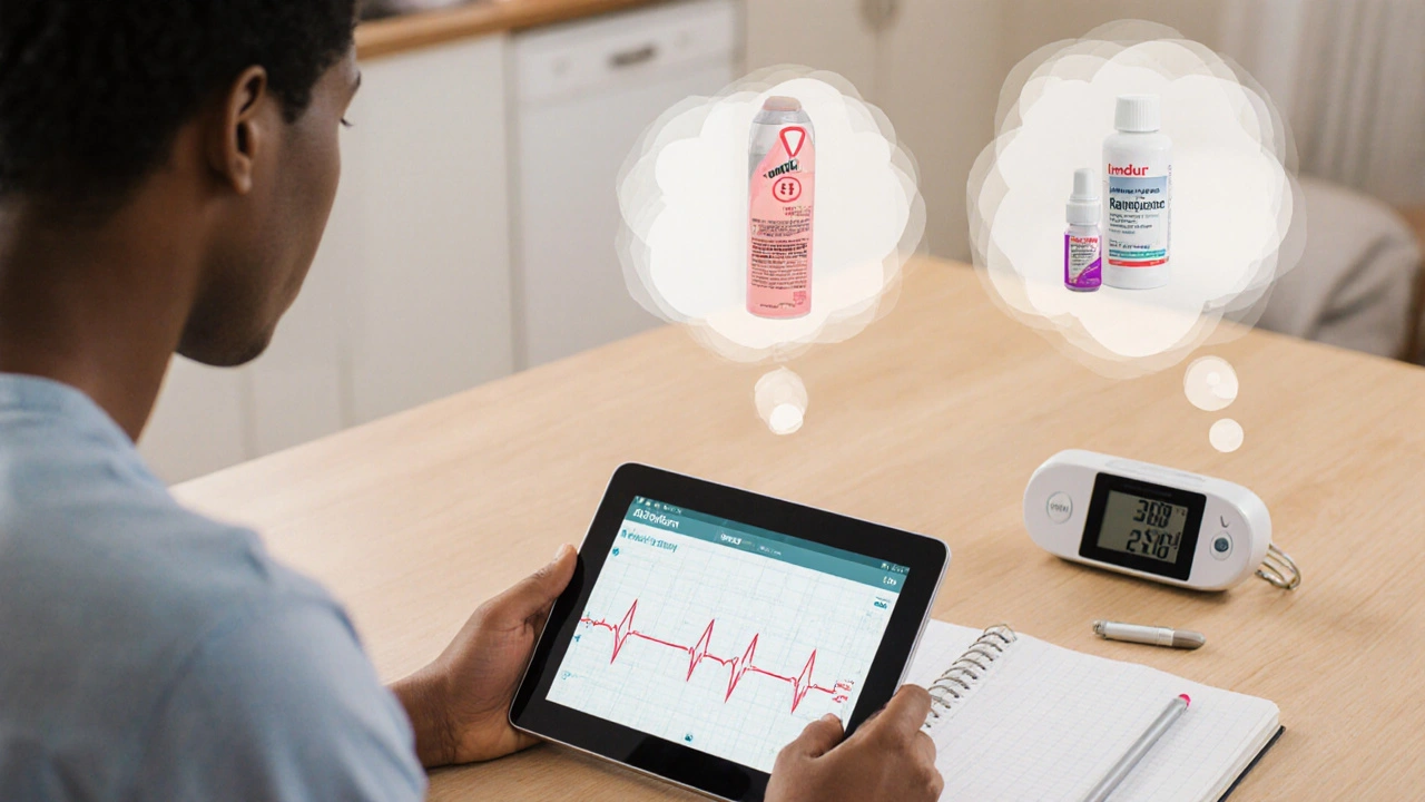 Patient at home reviewing a single Imdur pill with heart monitor, contemplating other options.
