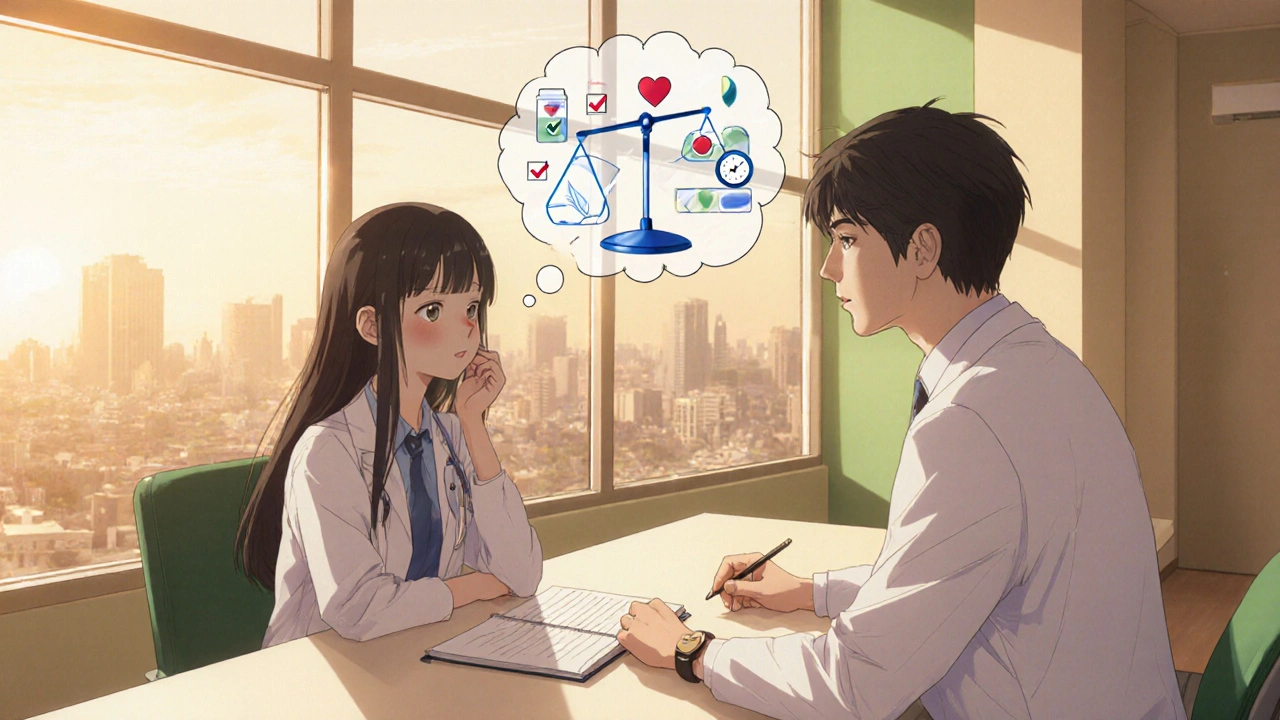 Patient discussing medication options with a doctor, thought bubble showing a balanced scale of side effects.