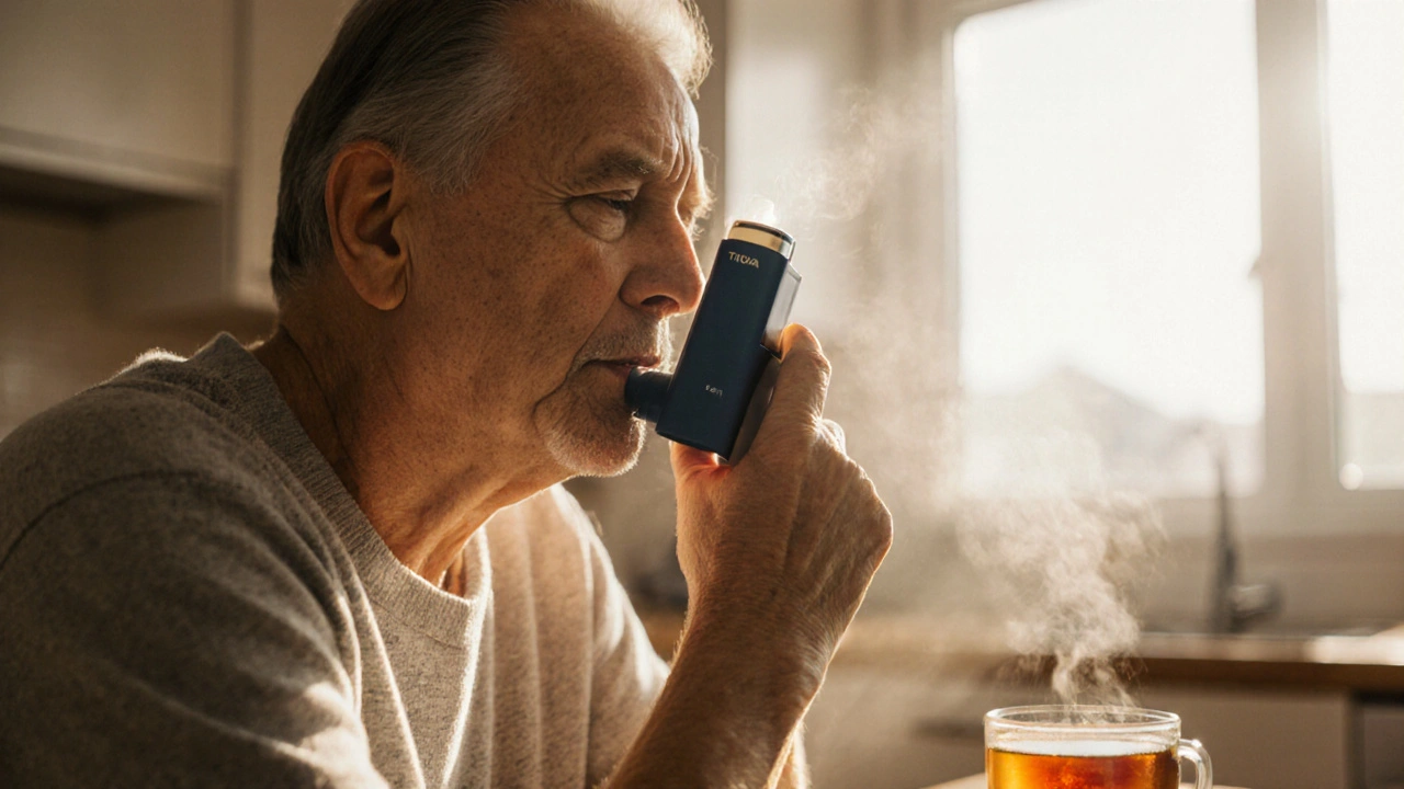 Person using Tiova inhaler in a sunny kitchen, suggesting ease and comfort.
