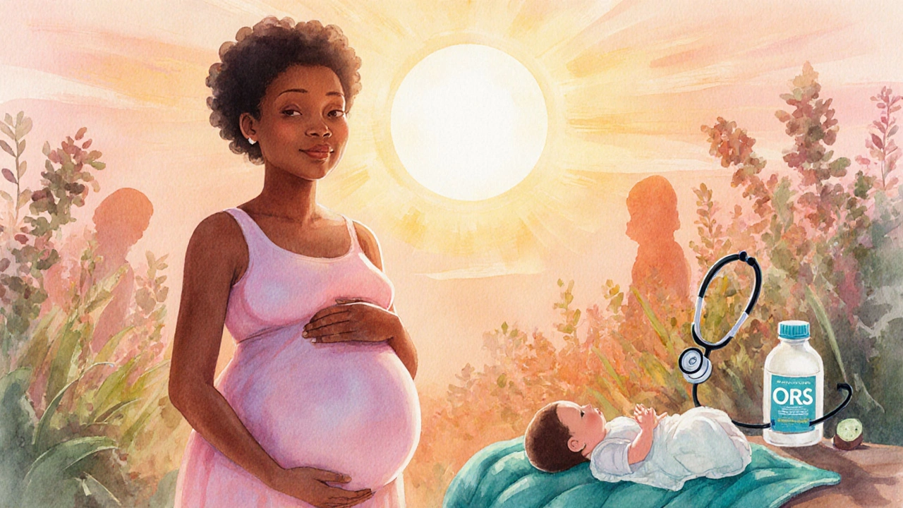 Pregnant woman smiling in sunrise garden, holding baby doll with faint medical symbols.