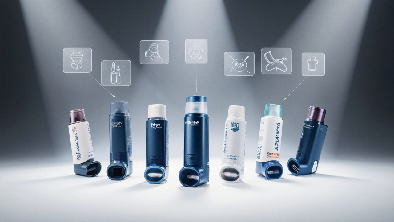 Row of seven different inhalers illuminated on a white surface with floating mechanism icons.