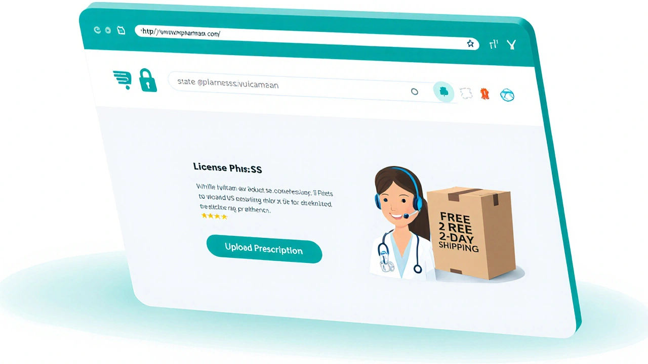 Secure online pharmacy webpage with HTTPS lock and prescription upload button.