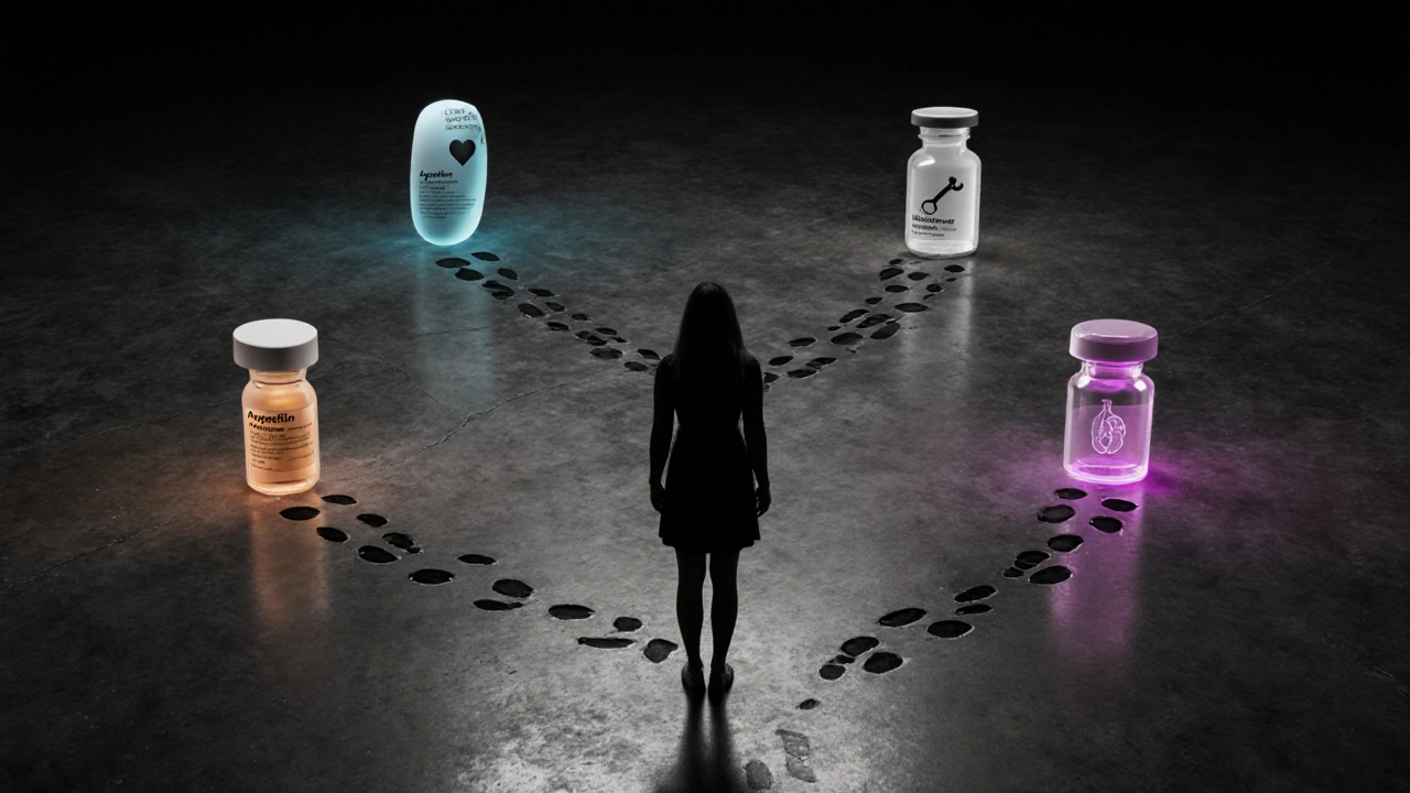Silhouette of a woman at a crossroads with highlighted pill options and health icons.