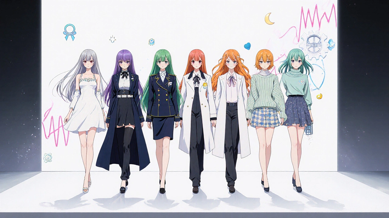 Six stylish women each symbolizing different antipsychotic drugs, posed on a white platform.