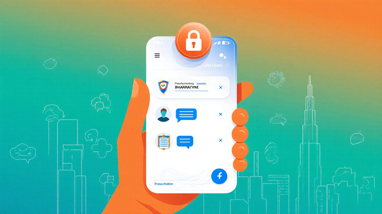 Smartphone displaying secure pharmacy app icons for license, chat, and prescription upload.