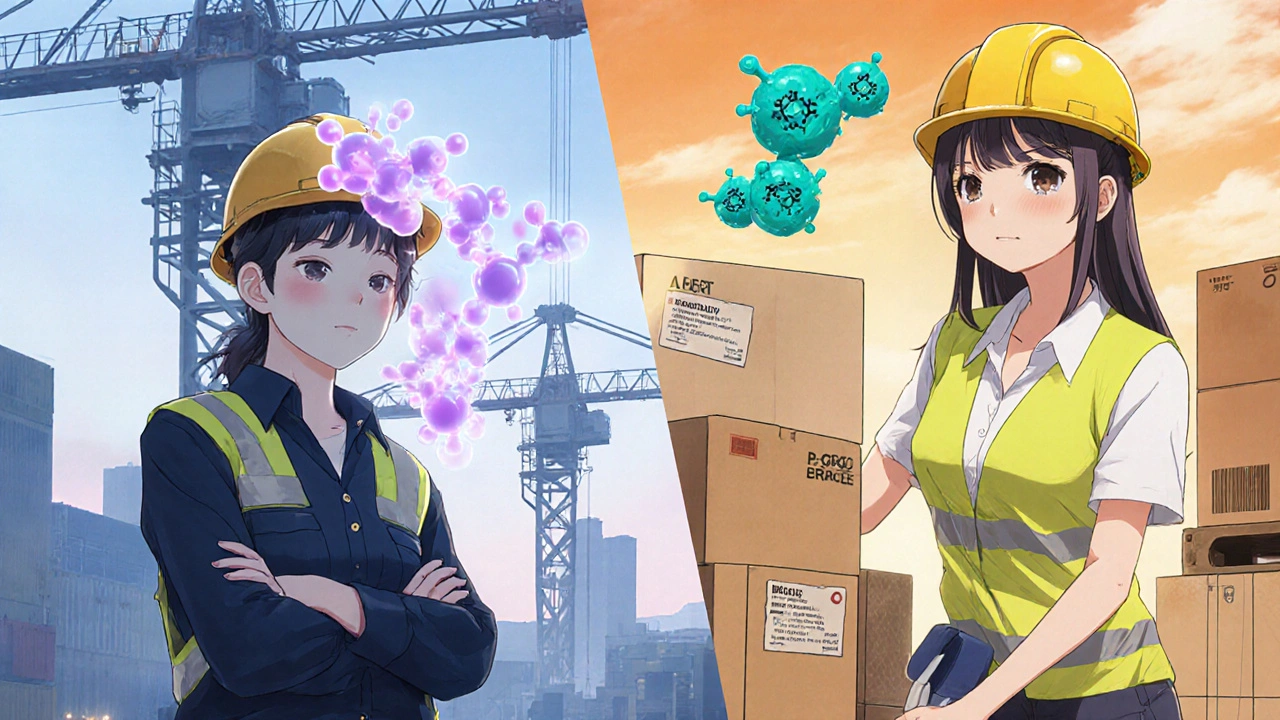 Split scene: sleepy construction worker affected by first‑gen antihistamine, alert forklift operator using second‑gen.