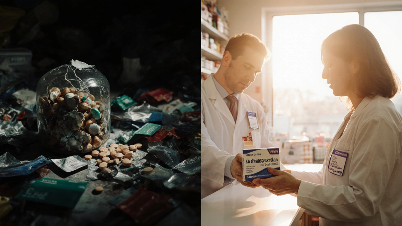 Split view of counterfeit pills in darkness versus a bright pharmacy handing a sealed medication box.