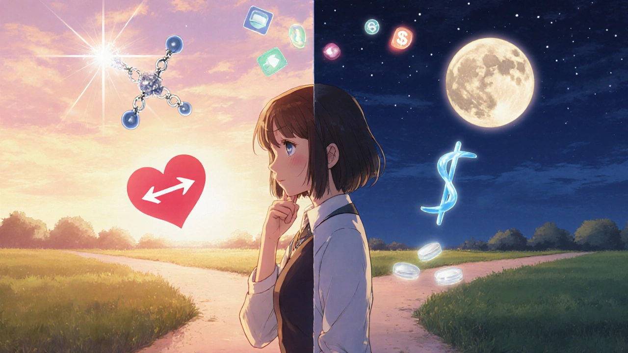 Thoughtful bishoujo with floating icons of serotonin, sleep, side effects, and cost.