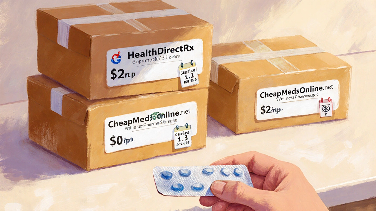 Three pharmacy packages with price tags and a clomid blister pack in hand.