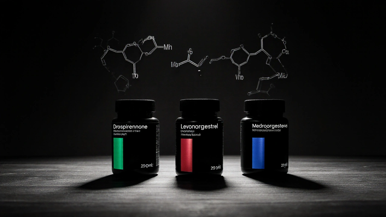 Three progestin bottles on a dark table, each highlighted with a single colored accent.