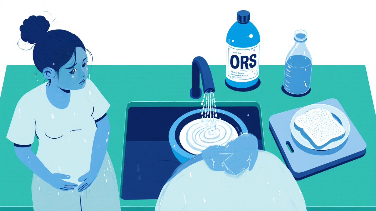 Top‑down view of pregnant woman washing hands with ORS bottle and yogurt on kitchen counter.