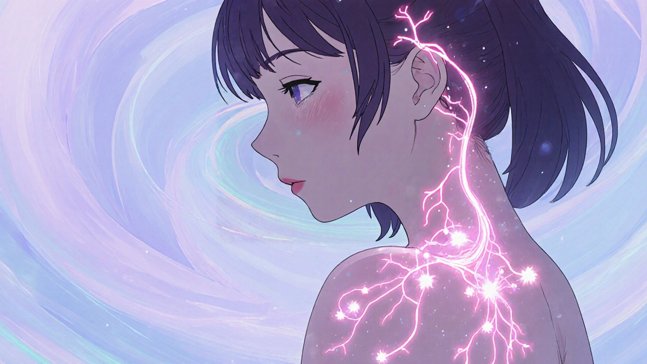 Transparent view shows neural pathways linking brain to itchy skin.