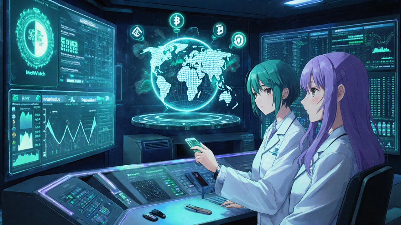 Two bishoujo scientists examine holographic screens of global safety reports and AI graphs.
