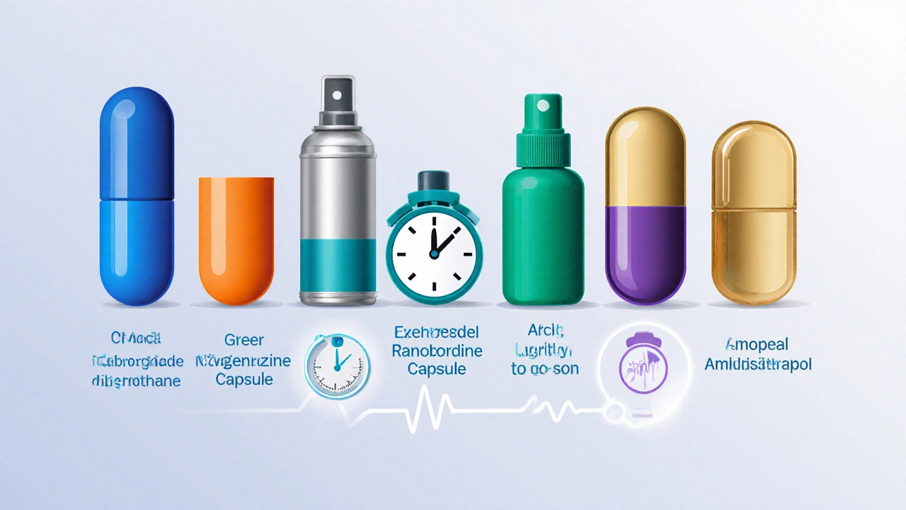 Various heart medicines displayed with icons hinting at speed of action and side‑effects.