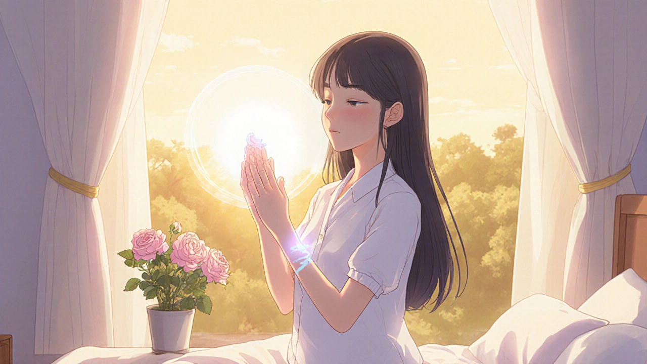 Woman calmly applies moisturizer, breathing peacefully in sunrise light.