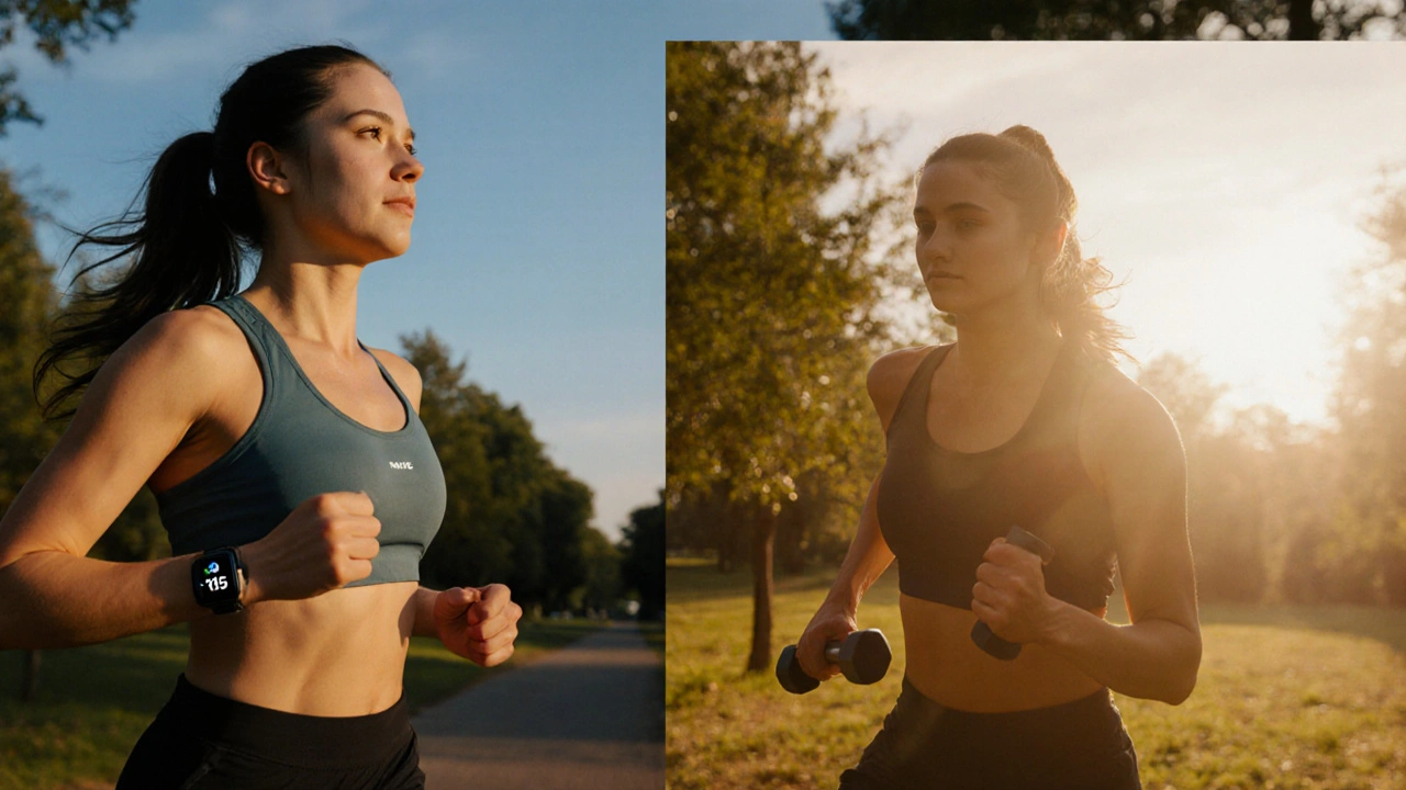 Woman jogging in a park at golden hour, also shown lifting dumbbells.