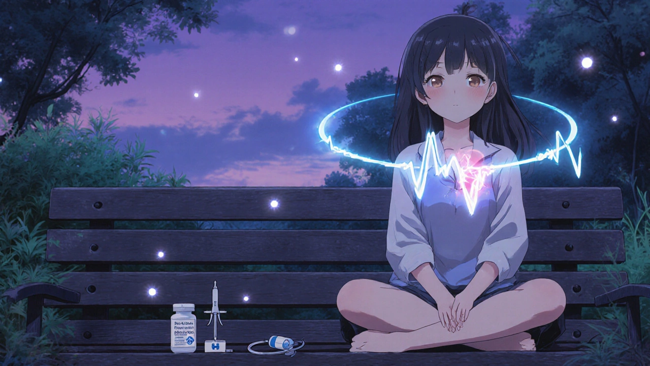 Woman meditating in a dusk garden, breathing exercise visualized with a gentle heartbeat overlay.