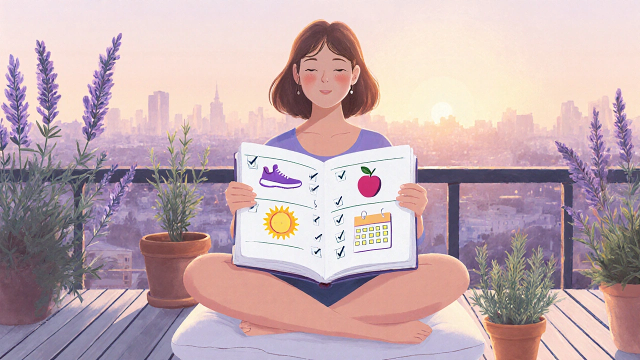 Woman on balcony reviewing a health journal with checkmarks for exercise and diet.