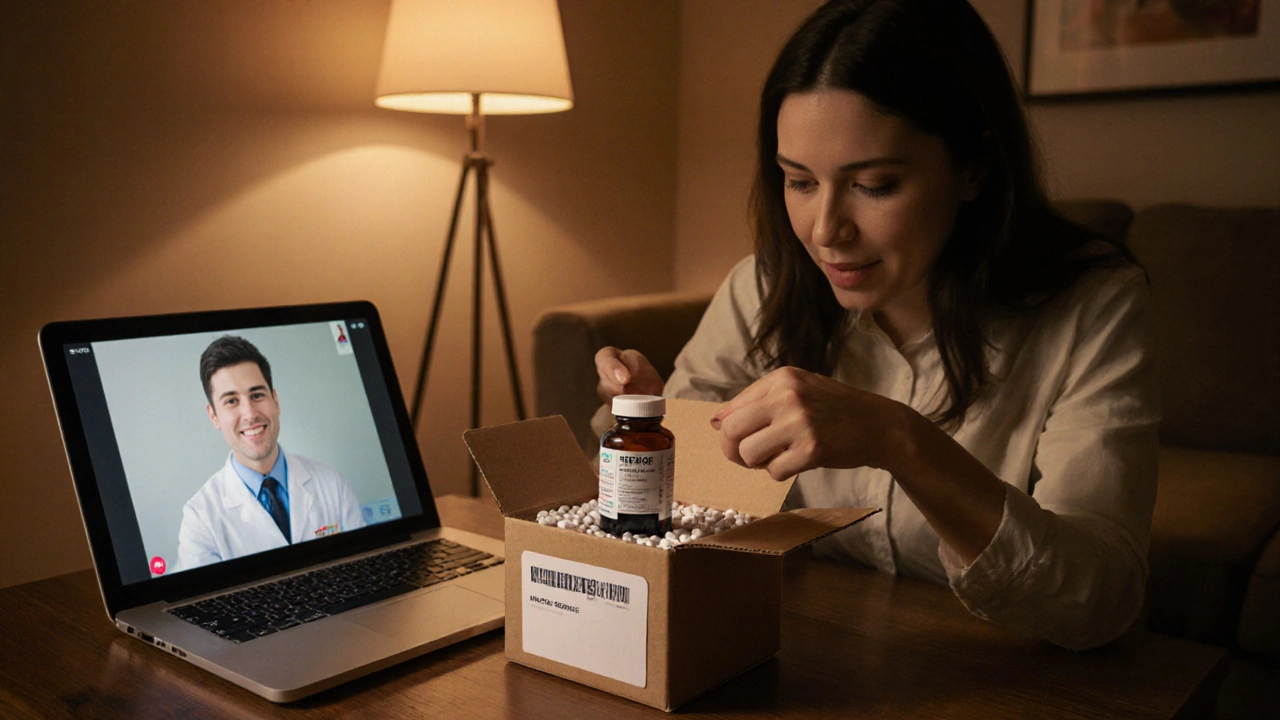 Woman opening a discreet box containing generic Effexor pills with pharmacist video call nearby.