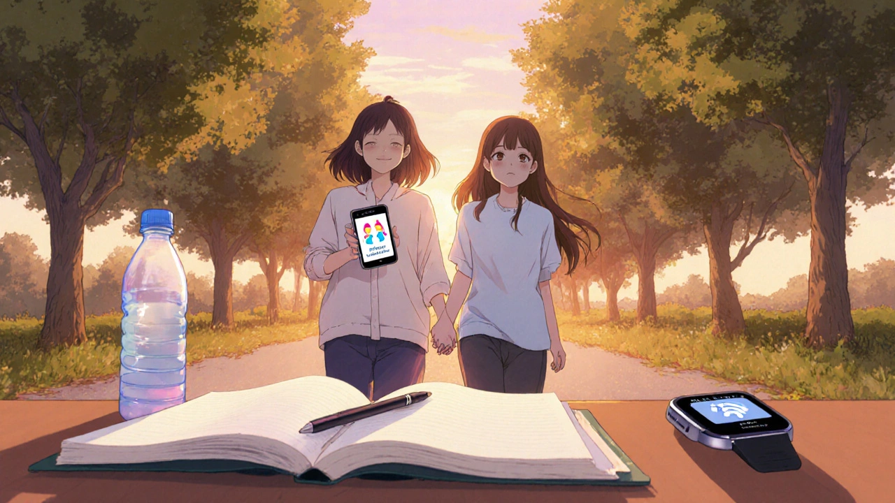 Woman walking with a friend on a tree‑lined path, journal and smartwatch showing steady rhythm.