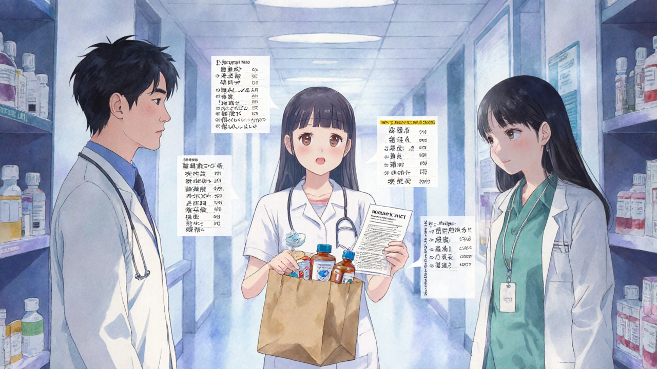 A caregiver presents a medication list and brown bag to a doctor and pharmacist in a hospital hallway.