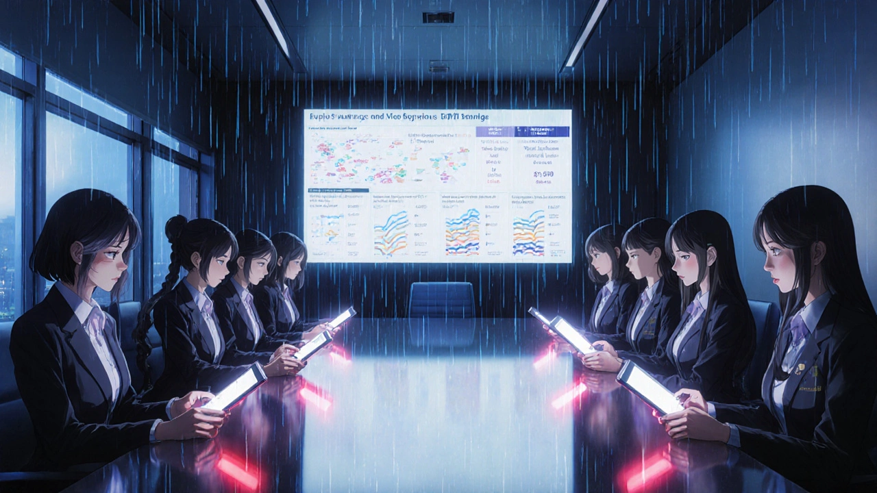 A committee votes on drug choices using holographic data displays during a high-tech hospital meeting.