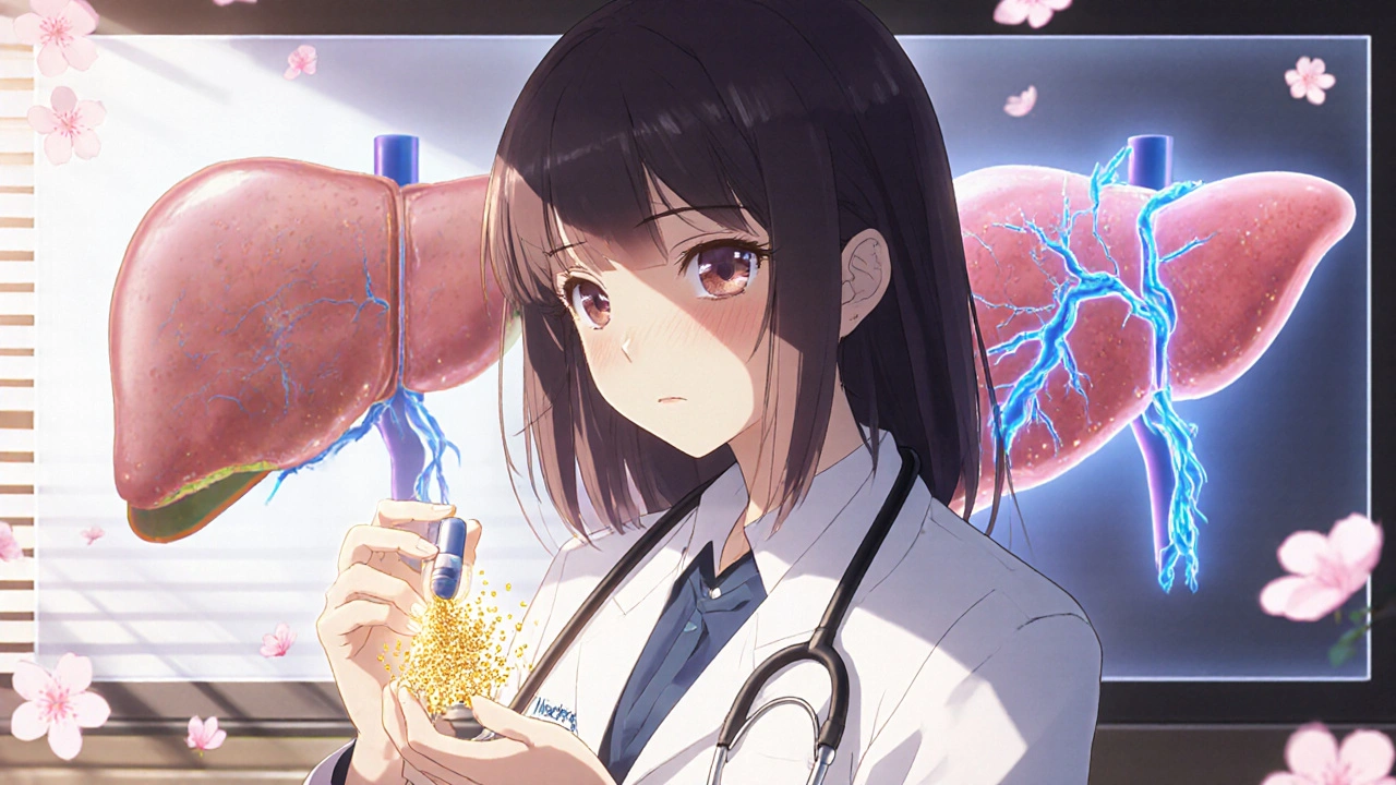 A doctor administering anticoagulant medication that restores blood flow to the liver in anime style.
