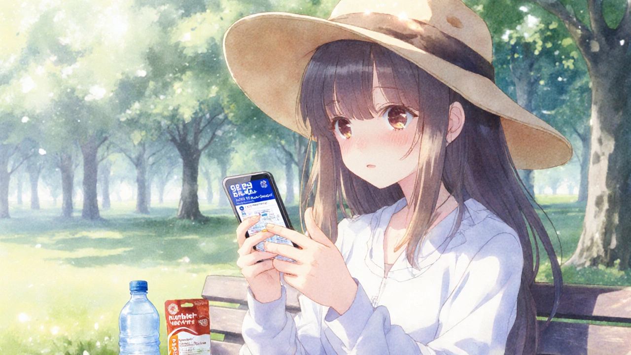 A girl applying sunscreen in the park while checking an antibiotic side effect app on her phone.