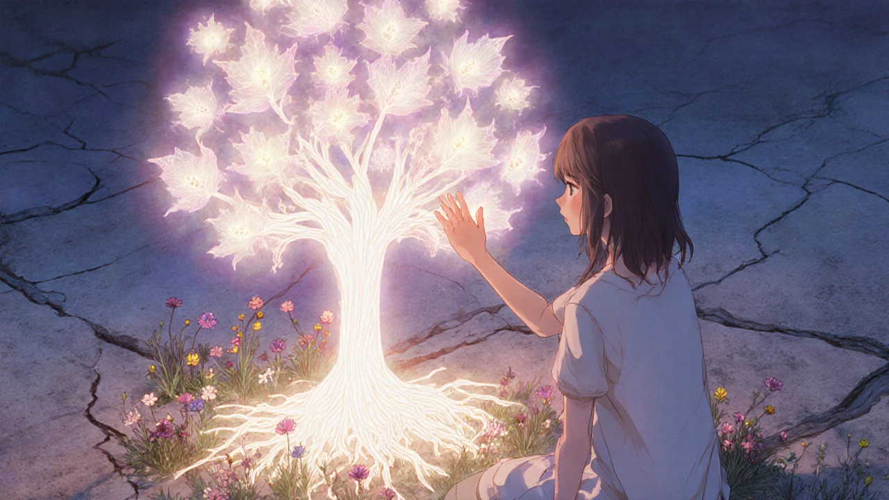 A girl touching her abdomen as a glowing insulin-tree grows from her body, representing metabolic healing through lifestyle.