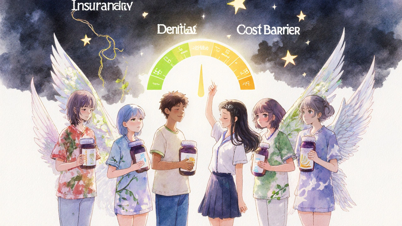 A group of patients in a circle holding medication bottles, their bodies transforming into symbols of hope as dark clouds loom above them.