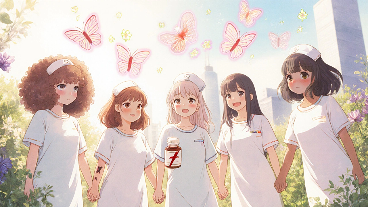 A group of women smile together in a garden, butterflies made of glucose molecules fluttering, symbolizing diabetes remission.