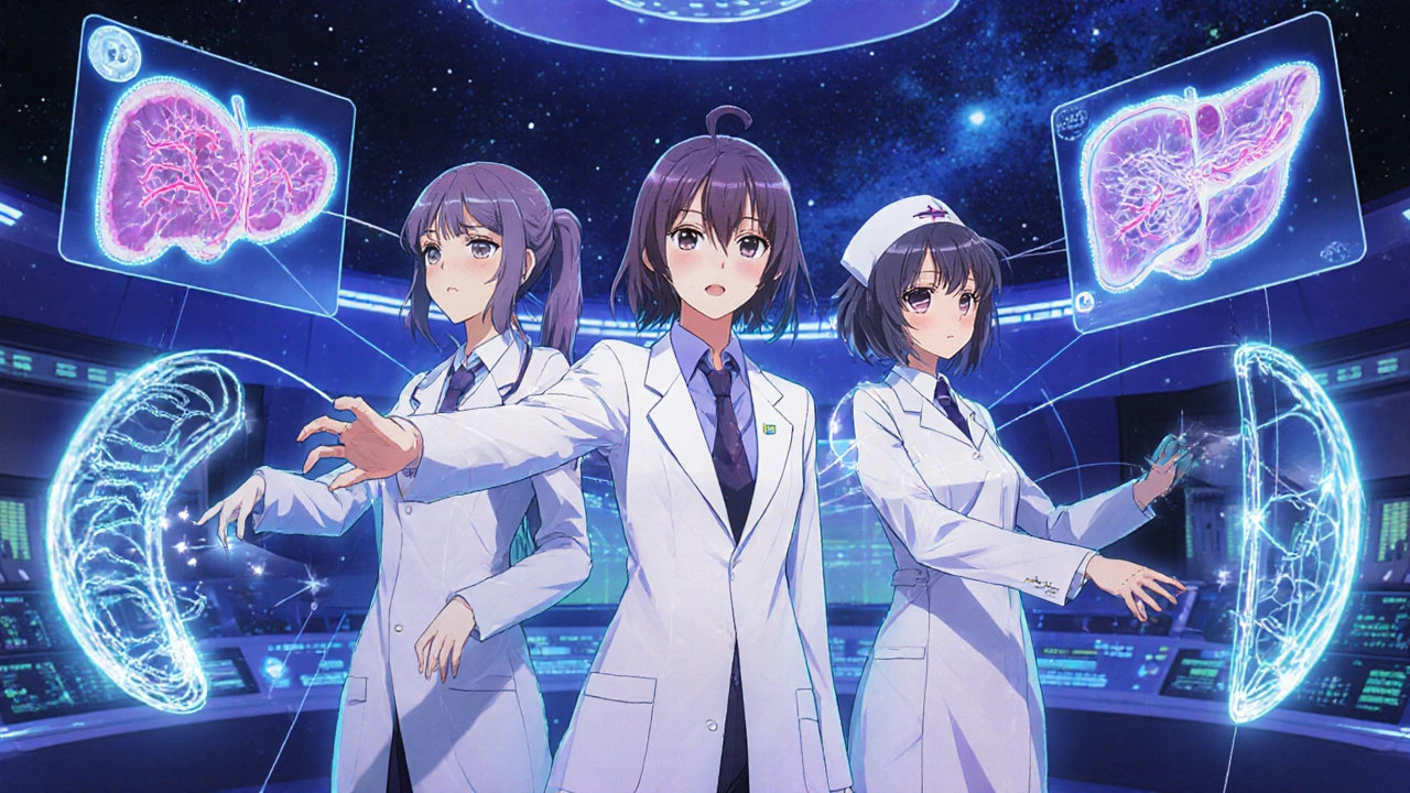 A medical team connecting holographic portal vein treatments in a futuristic control room.