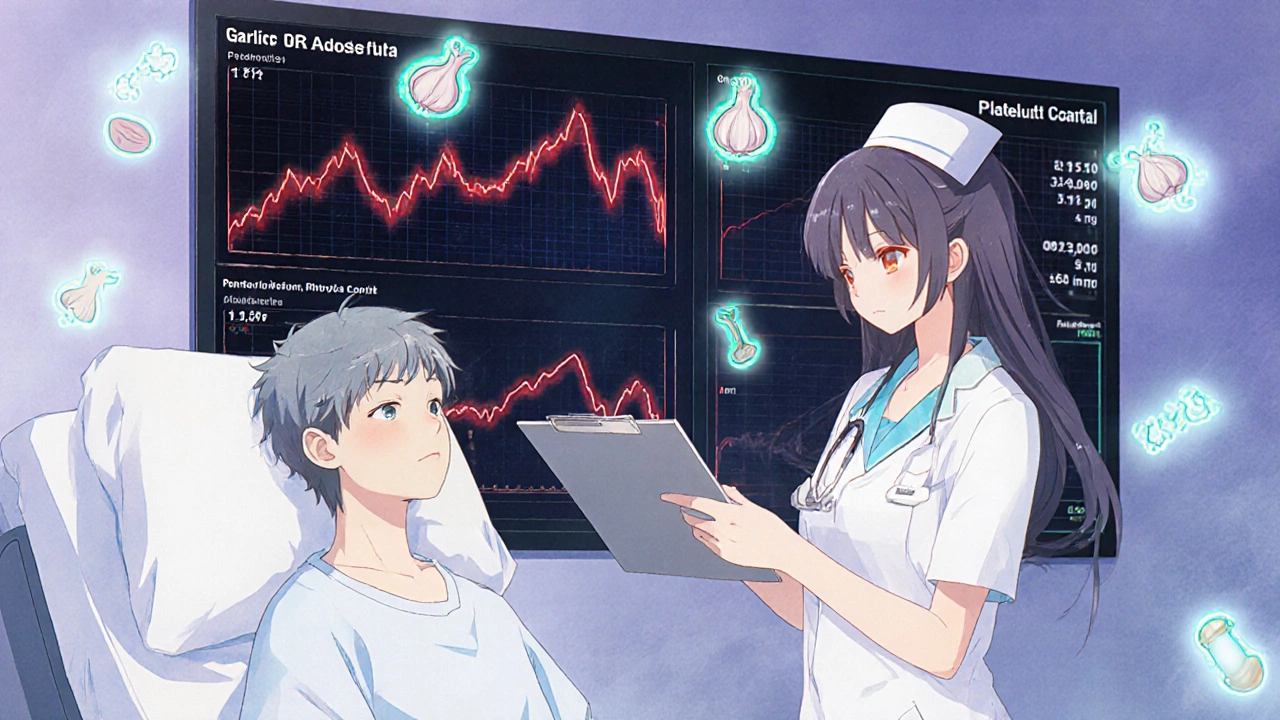 A patient in a hospital with a monitor showing dangerously high INR and platelet levels.