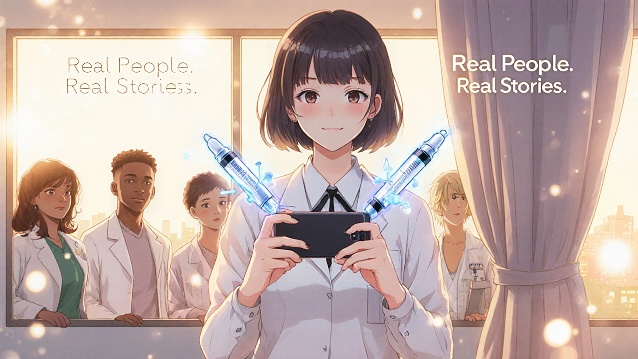 A pharmacist films a Reel comparing brand and generic insulin pens, with molecular structures floating between them.